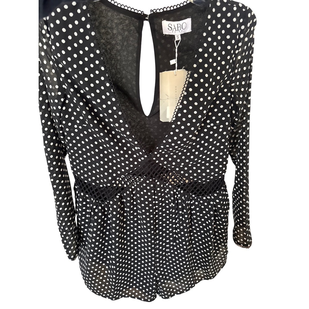 SABO black and white polka dot romper v-neck mesh insert lined flowy Small NWt